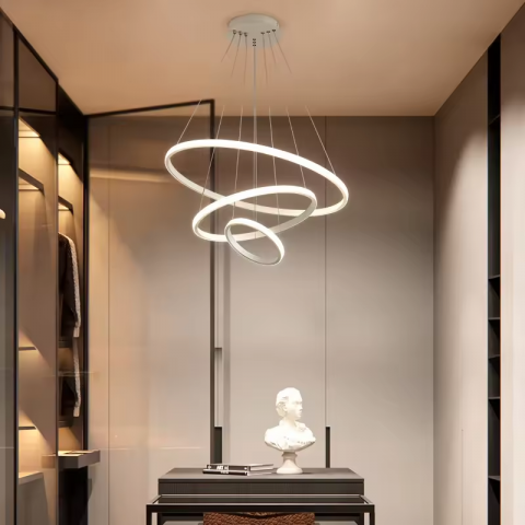 Lustre si pendule - Lustra LED suspendata cu 3 inele ajustabile iluminate pe exterior, Ø 20cm, 40cm, 60cm, alb, AVI-4359