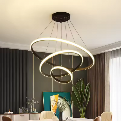 Lustre si pendule - Lustra LED suspendata cu 3 inele ajustabile iluminate pe exterior, Ø 20cm, 40cm, 60cm, negru, AVI-4358
