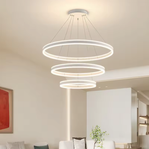 Lustra LED suspendata, cu 3 inele cu dubla iluminare superior si inferior, Ø20 x 40 x 60 cm, aluminiu, alb, AVI-4371 [1]