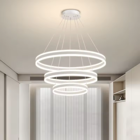 Lustre si pendule - Lustra LED suspendata, cu 3 inele cu dubla iluminare superior si inferior, Ø20 x 40 x 60 cm, aluminiu, alb, AVI-4371