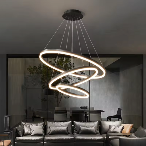 Lustre si pendule - Lustra LED suspendata, cu 3 inele Ø20 x 40 x 60 cm, aluminiu, negru, AVI-4361