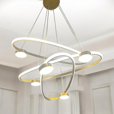 Lustre si pendule - Lustra LED suspendata cu 3 inele ovale 80 x 28 cm, 2 spoturi pe fiecare inel, lumina rece, calda si neutra, schelet auriu, AVI-4691