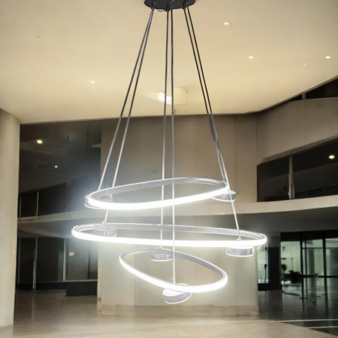 Lustre si pendule - Lustra LED suspendata cu 3 inele ovale 80 x 28 cm, 2 spoturi pe fiecare inel, lumina rece, calda si neutra, schelet negru, AVI-4690