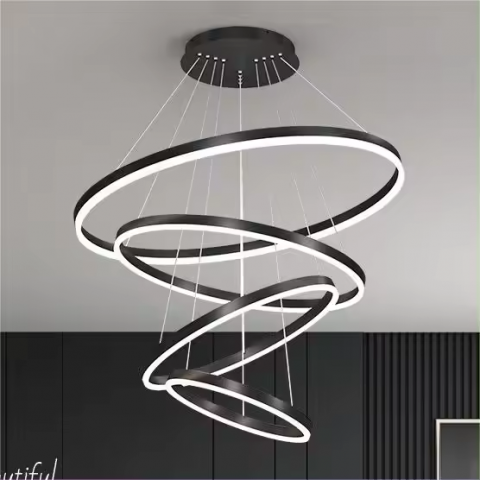 Lustra LED suspendata, cu 4 inele Ø20 x 40 x 60 x 80cm, aluminiu, negru, AVI-4364 [1]