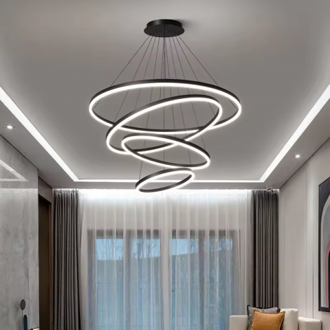 Lustre si pendule - Lustra LED suspendata, cu 4 inele Ø20 x 40 x 60 x 80cm, aluminiu, negru, AVI-4364
