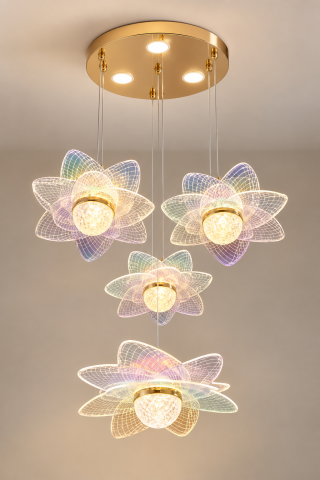 Casa - Lustră LED suspendată cu 4 pendule model floare, 3 surse de iluminare pe suport, auriu, AVI-4390