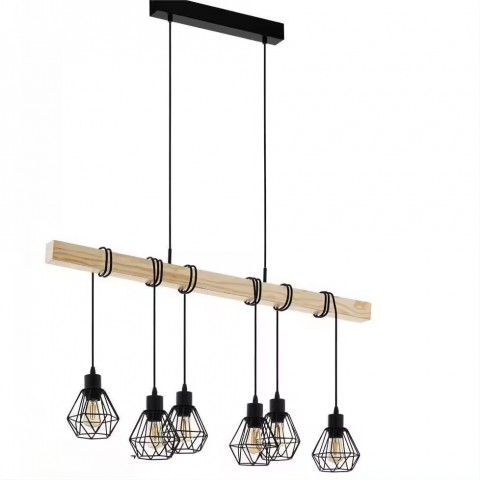 Lustre si pendule - Lustra lemn suspendata cu 6 pendule E27, 100cm, AVI-4413