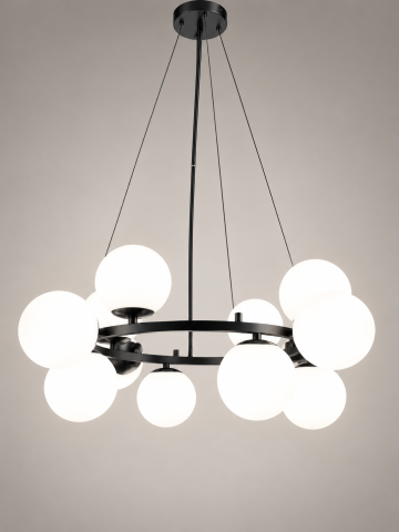 Lustra mare cu 12 globuri Ø13 cm, AVI®, 12 x E27, structura circulara neagra, diametru total aprox. Ø70 cm, pentru incaperi mari si inalte, AVI-5578 [2]
