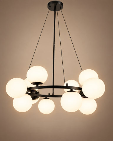 Lustre si pendule - Lustra mare cu 12 globuri Ø13 cm, AVI®, 12 x E27, structura circulara neagra, diametru total aprox. Ø70 cm, pentru incaperi mari si inalte, AVI-5578