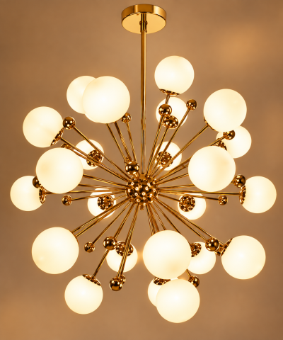 Casa - Lustră mare cu 24 globuri Ø13 cm, AVI®, 24 x E27, structură metalică aurie tip Sputnik, brațe radiale și bile decorative, pentru încăperi mari și înalte, AVI-5594