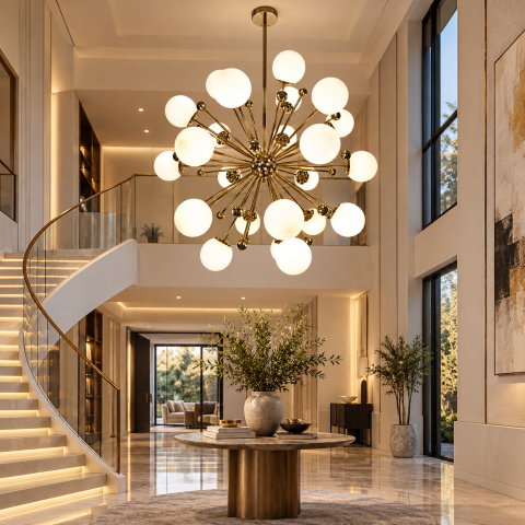 Lustra mare cu 24 globuri Ø13 cm, AVI®, 24 x E27, structura metalica aurie tip Sputnik, brate radiale si bile decorative, pentru incaperi mari si inalte, AVI-5594 [2]