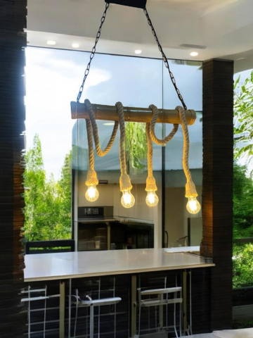 Lustre si pendule - Lustra suspendata 60cm, 4 x E27, reglabila pe inaltime, bambus, AVI-4672