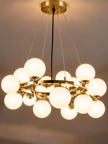 Lustră suspendată cu 15 globuri Ø13 cm, AVI®, 15 x E27, structură circulară aurie, diametru total Ø80 cm, design modern, AVI-5579 [3]