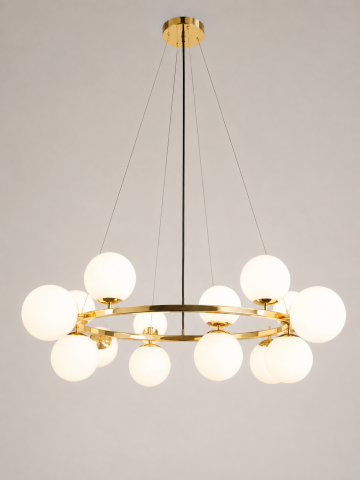 Casa - Lustră suspendată, AVI®, schelet metalic auriu, 15 globuri Ø13 cm, 15 × E14, Ø inel 60 cm, Ø aproximativ 80 cm, AVI-5579