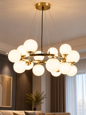 Lustre si pendule - Lustră suspendată cu 15 globuri Ø13 cm, AVI®, 15 x E27, structură circulară aurie, diametru total Ø80 cm, design modern, AVI-5579