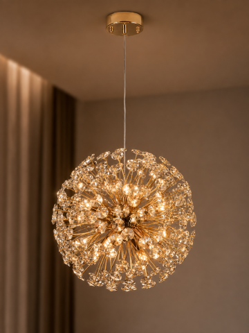Casa - Lustră suspendată Crystal Dandelion Gold, AVI®, corp sferic Ø40 cm, 8 × G9, cristale multifatetate, auriu, AVI-5561