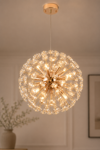 Casa - Lustră suspendată Crystal Dandelion Gold, AVI®, corp sferic Ø50 cm, 9 × G9, cristale multifatetate, auriu, AVI-5563