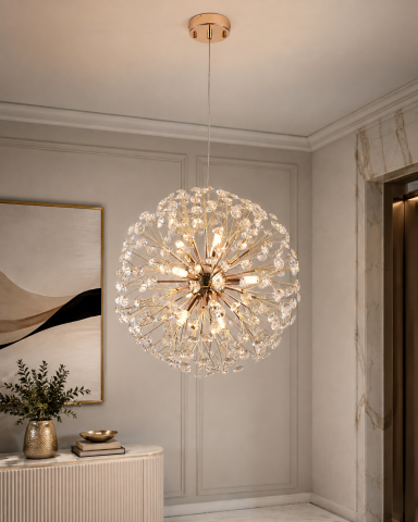 Lustră suspendată Crystal Dandelion Gold, AVI®, corp sferic Ø50 cm, 9 × G9, cristale multifatetate, auriu, AVI-5563 [1]