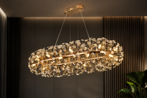 Lustră suspendată Crystal Dandelion Gold, AVI®, schelet metalic oval 90 x 40 cm, 18 × G9, cristale multifatetate, AVI-5560 [1]