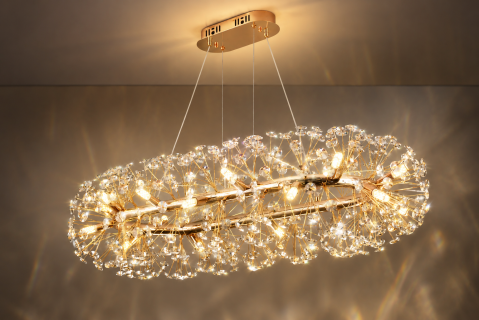Casa - Lustră suspendată Crystal Dandelion Gold, AVI®, schelet metalic oval 90 x 40 cm, 18 × G9, cristale multifatetate, AVI-5560