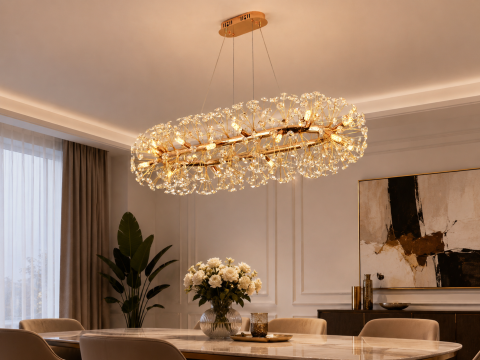 Lustră suspendată Crystal Dandelion Gold, AVI®, schelet metalic oval 90 x 40 cm, 18 × G9, cristale multifatetate, AVI-5560 [2]