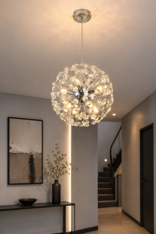 Lustră suspendată Crystal Dandelion Silver, AVI®, corp sferic Ø40 cm, 8 × G9, cristale multifatetate, argintiu, AVI-5562 [1]