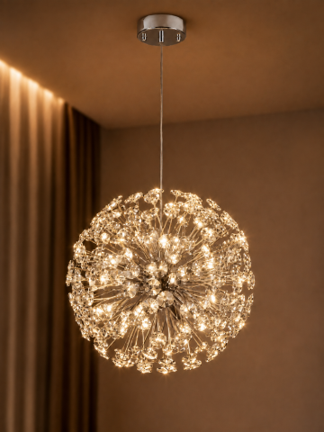 Lustre si pendule - Lustră suspendată Crystal Dandelion Silver, AVI®, corp sferic Ø40 cm, 8 × G9, cristale multifatetate, argintiu, AVI-5562