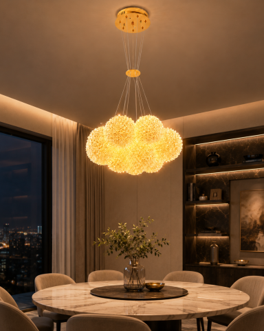 Lustre si pendule - Lustră suspendată cu 11 pendule și mini-cristale, AVI®, 11 × G9, pendule Ø13 cm reglabile pe înălțime, efect luxury, AVI-5536
