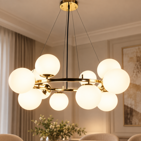 Casa - Lustră suspendată cu 12 globuri Ø13 cm, AVI®, 12 x E27, auriu, structură circulară, Ø total aprox. 70 cm, AVI-5577