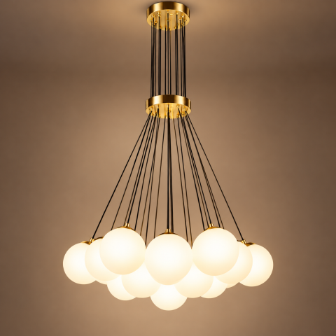 Casa - Lustră suspendată cu 19 globuri Ø13 cm, AVI®, 19 x E27, structură aurie, prindere tip mănunchi pe două niveluri, AVI-5608