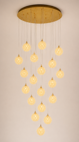 Lustră suspendată cu 20 pendule și mini-cristale, AVI®, 20 × G9, suport tavan Ø60 cm, pendule Ø12 cm, cabluri foarte lungi, auriu, efect luxury, AVI-5550 [5]