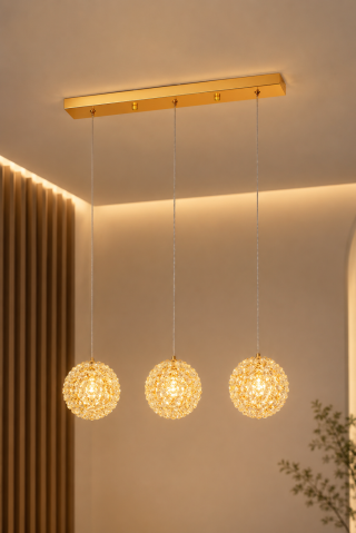 Lustră suspendată cu 3 pendule și mini-cristale, AVI®, 3 × G9, suport tavan 50 cm, pendule Ø15 cm reglabile pe înălțime, auriu, efect luxury, AVI-5569 [1]