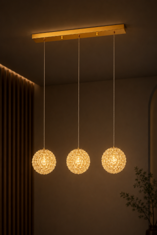 Casa - Lustră suspendată cu 3 pendule și mini-cristale, AVI®, 3 × G9, suport tavan 50 cm, pendule Ø15 cm reglabile pe înălțime, auriu, efect luxury, AVI-5569