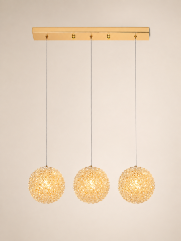 Lustră suspendată cu 3 pendule și mini-cristale, AVI®, 3 × G9, suport tavan 50 cm, pendule Ø15 cm reglabile pe înălțime, auriu, efect luxury, AVI-5569 [3]