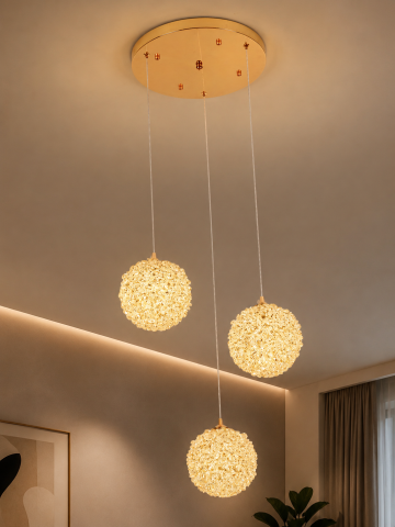 Casa - Lustră suspendată cu 3 pendule și mini-cristale, AVI®, 3 × G9, suport tavan Ø30 cm, pendule Ø15 cm reglabile pe înălțime, auriu, efect luxury, AVI-5570