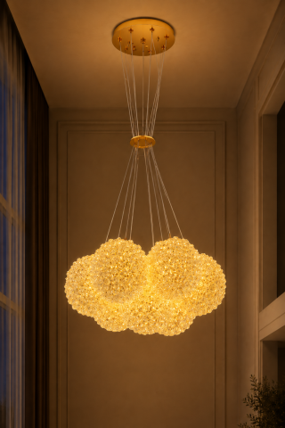 Lustre si pendule - Lustră suspendată cu 7 pendule și mini-cristale, AVI®, 7 × G9, pendule Ø13 cm reglabile pe înălțime, efect luxury, AVI-5537