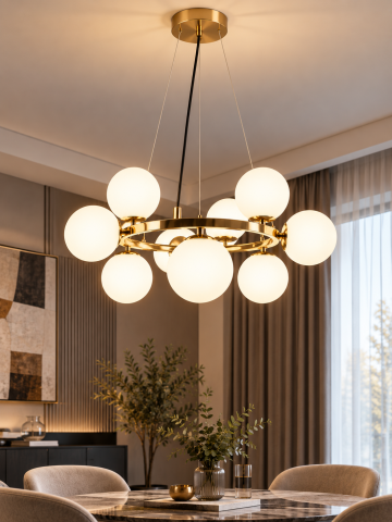 Lustra suspendata cu 9 globuri Ø13 cm, AVI®, 9 x E27, structura circulara aurie, diametru total aprox. Ø60 cm, design modern decorativ, AVI-5575 [3]