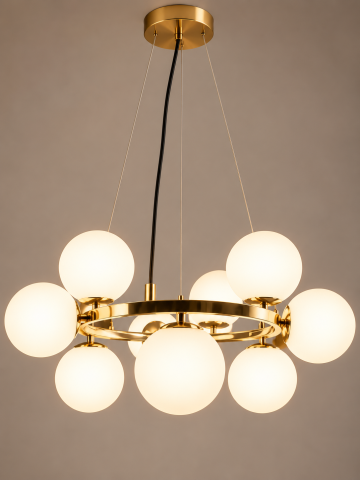 Lustre si pendule - Lustra suspendata cu 9 globuri Ø13 cm, AVI®, 9 x E27, structura circulara aurie, diametru total aprox. Ø60 cm, design modern decorativ, AVI-5575