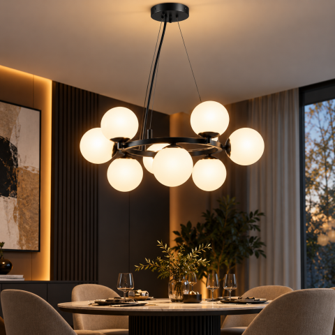Lustra suspendata cu 9 globuri Ø13 cm, AVI®, 9 x E27, structura circulara neagra, diametru total aprox. Ø60 cm, design modern decorativ, AVI-5576 [3]