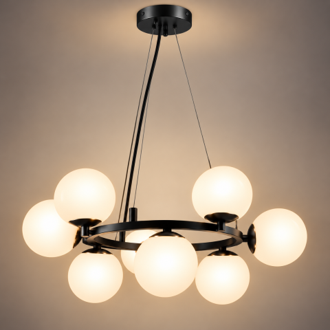 Lustre si pendule - Lustra suspendata cu 9 globuri Ø13 cm, AVI®, 9 x E27, structura circulara neagra, diametru total aprox. Ø60 cm, design modern decorativ, AVI-5576