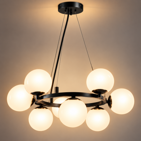 Lustra suspendata cu 9 globuri Ø13 cm, AVI®, 9 x E27, structura circulara neagra, diametru total aprox. Ø60 cm, design modern decorativ, AVI-5576 [2]