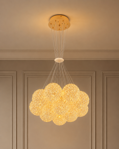 Lustre si pendule - Lustră suspendată cu 9 pendule și mini-cristale, AVI®, 9 × G9, pendule Ø16 cm reglabile pe înălțime, efect luxury, AVI-5538