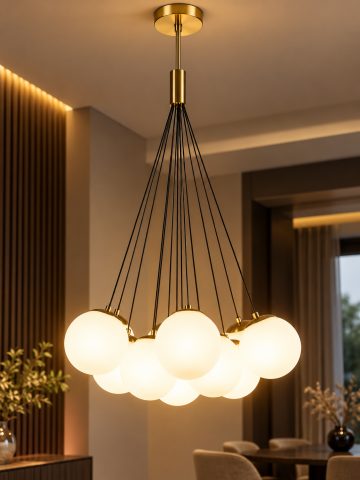 Lustre si pendule - Lustra tip pendul, AVI®, 13 globuri Ø13 cm, 13 x E27, reglabila pe inaltime, auriu, AVI-5582
