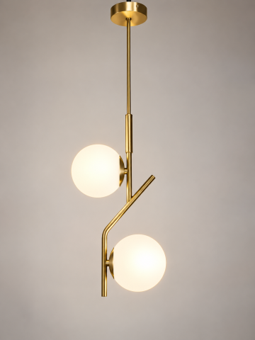 Lustre si pendule - Lustra tip pendul, AVI®, 2 x E27, 2 globuri Ø13 cm, structura aurie geometrica, design vertical modern, AVI-5619