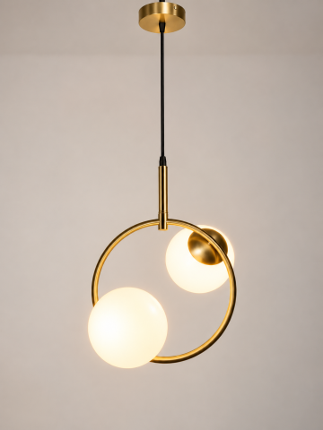 Casa - Lustră tip pendul, AVI®, 2 x E27, 2 globuri Ø13 cm, structură circulară aurie, design modern, AVI-5618