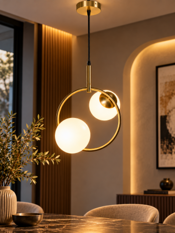 Lustră tip pendul, AVI®, 2 x E27, 2 globuri Ø13 cm, structură circulară aurie, design modern, AVI-5618 [1]