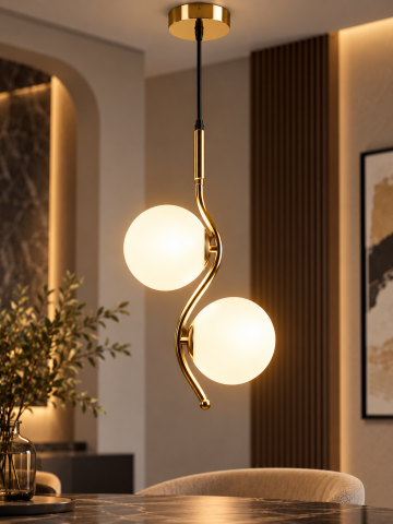Lustră tip pendul, AVI®, 2 x E27, 2 globuri Ø15 cm, structură aurie curbată, design modern, AVI-5613 [3]