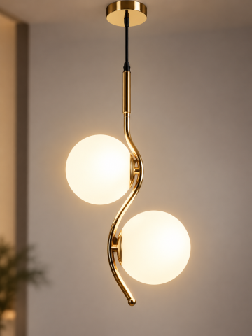 Casa - Lustră tip pendul, AVI®, 2 x E27, 2 globuri Ø15 cm, structură aurie curbată, design modern, AVI-5613