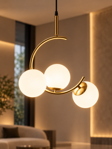 Lustre si pendule - Lustră tip pendul, AVI®, 3 globuri Ø12 cm, 3 x E27, reglabilă pe înălțime, auriu, design curbat decorativ, AVI-5617