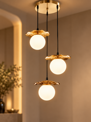 Lustre si pendule - Lustra tip pendul, AVI®, 3 globuri Ø15 cm, 3 x E27, reglabila pe inaltime, auriu, design decorativ, AVI-5599